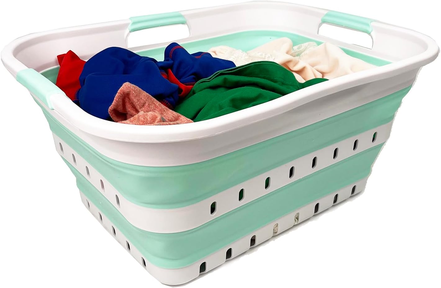 SAMMART 42L (11 gallon) Collapsible Plastic Laundry Basket - Foldable Pop Up Storage Container/Organizer - Space Saving Hamper/Basket (1, White/Light Green)