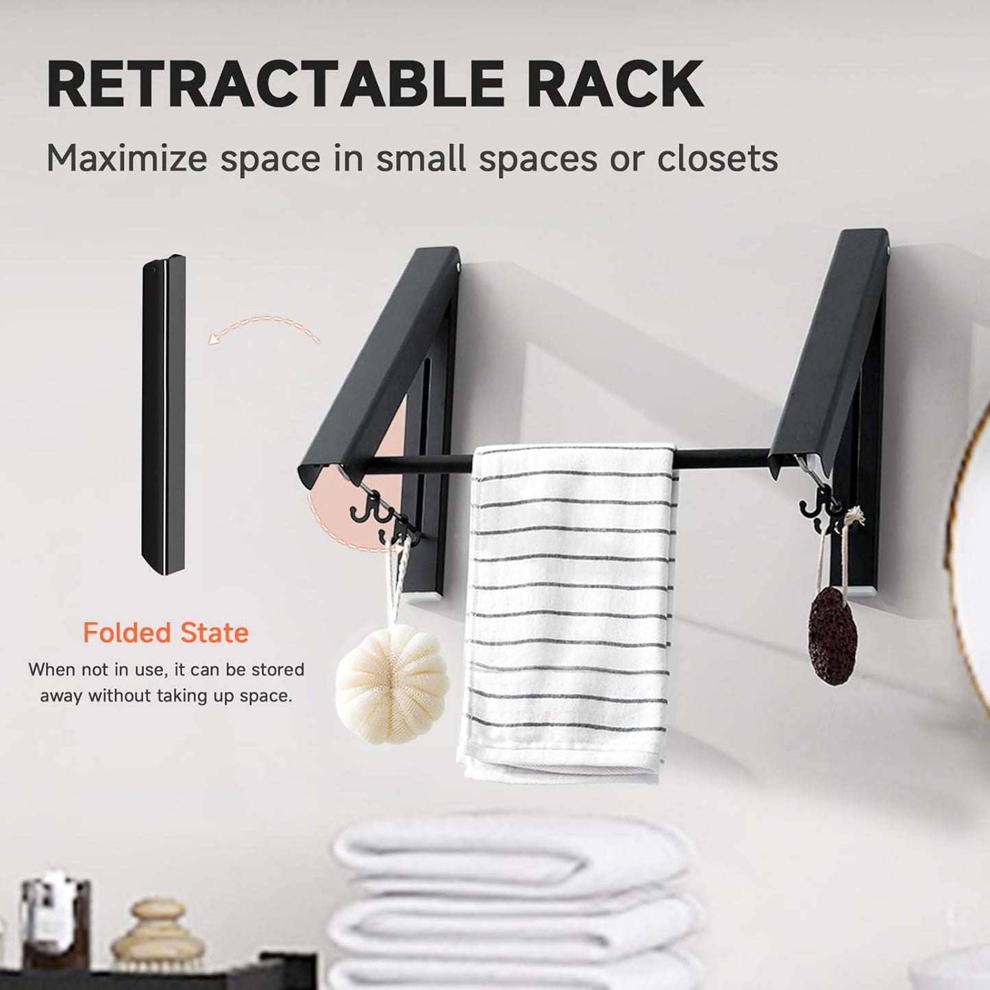 Retractable Clothes Drying Rack with 31 in Rod,Space Saver Wall-Mounted Retractable & Foldable Clothes Hanger for Laundry Room,Bedroom,Closet Storage Organization (2pcs, Black)