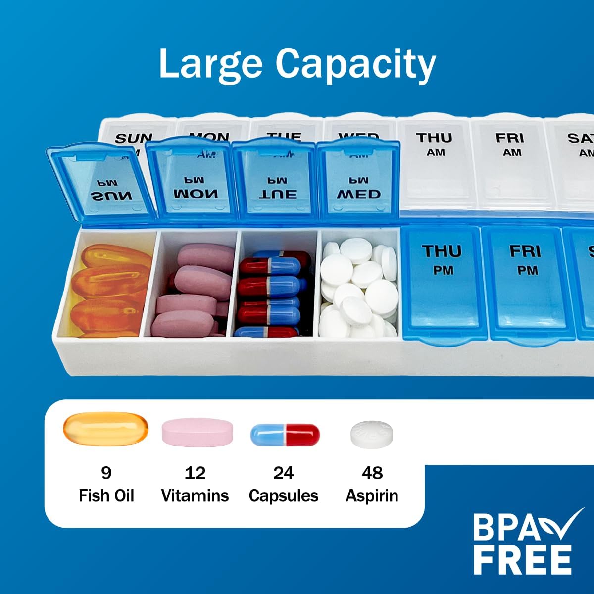 Amazon Basic Care 7-Day AM/PM Pill Organizer | Large Compartments | 2 Times Daily | Blue Clear Lids | Pack of 2