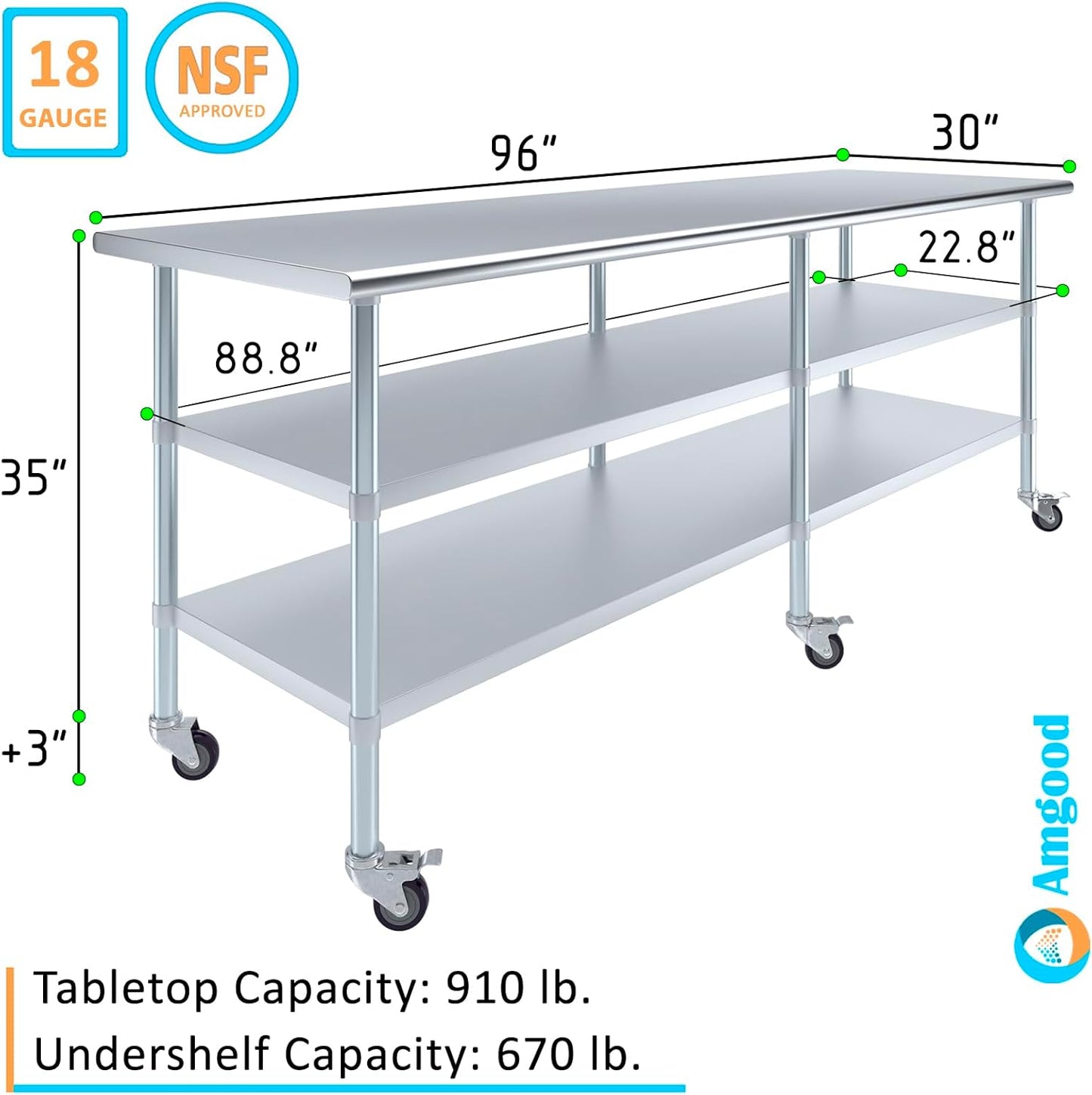 AmGood Stainless Steel Work Table with 2 Shelves and Casters | Metal Utility Table On Wheels (Stainless Steel, 96" Long x 30" Deep)