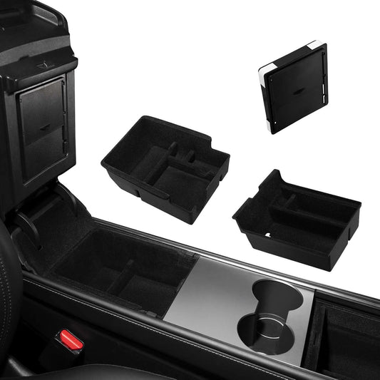 Motrobe 3PCS Tesla Model Y Model 3 Center Console Organizer Tray [Anti-Rattle Flocked] Armrest Hidden Storage Box Model Y 2021-2024 Model 3 2021-2023 Accessories [Not Fit 2024 Model 3 Highland]