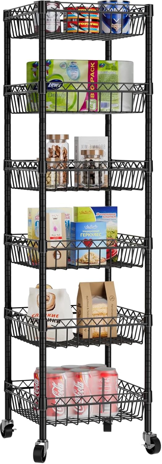 6 Shelves Storage Shelf Wire Closet Bathroom Organizers Metal Pantry Kitchen Garage Shelving Unit Laundry Room Organization Home Rack Net Basket Black with Wheels 14" Dx14 Wx64.8 H