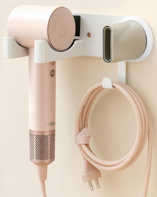 Hair Dryer Holder Wall Mounted, Hair Dryer Organizer Self Adhesive Compatible with Dyson Blow Dryer Holder Aluminum BlowDryer Holder Wall Mounted for Bathroom White