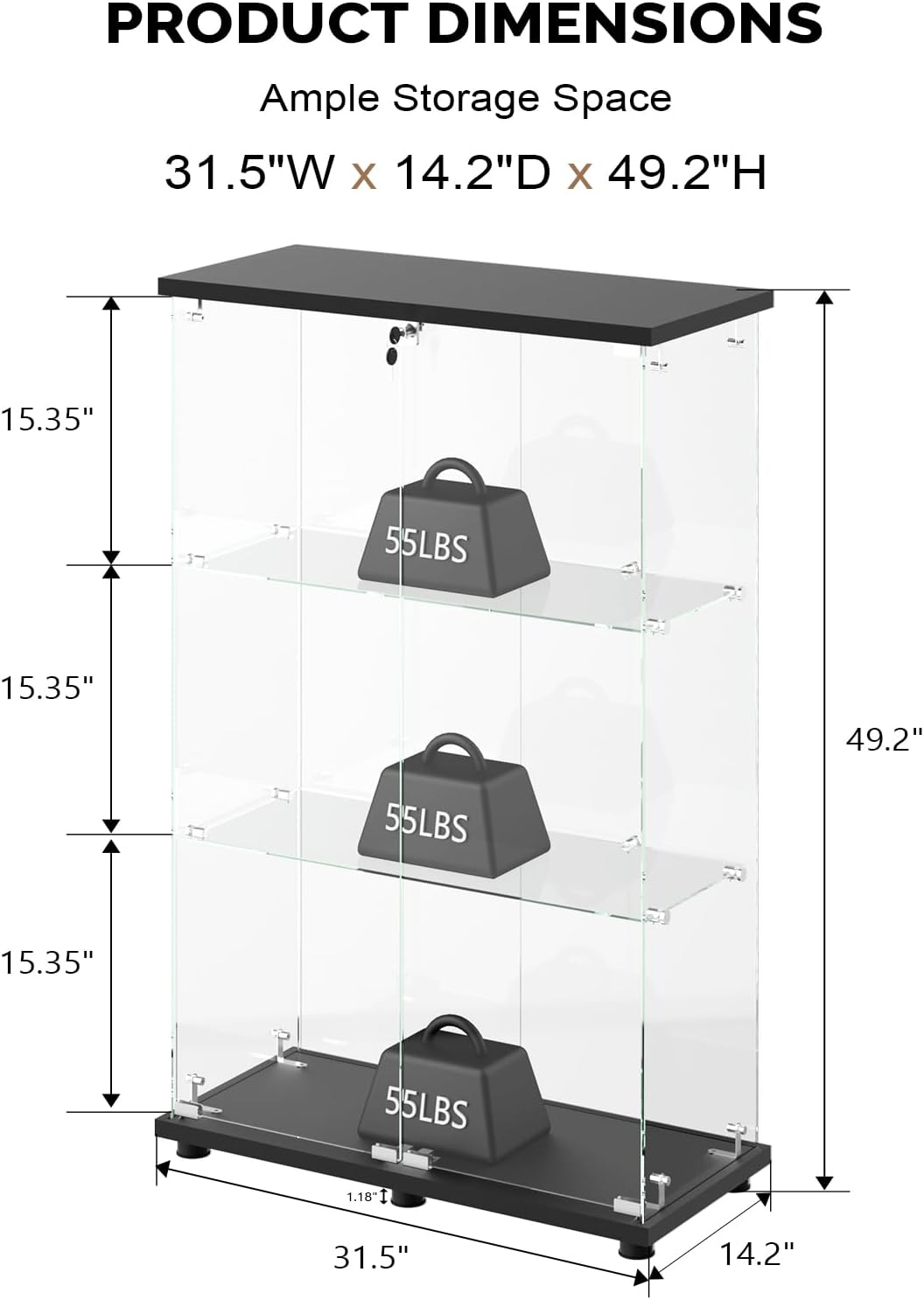 VINGLI Glass Display Cabinet with 3 Shelves, Double Doors and Lock, Floor Standing Curio Cabinets with LED Light, Upgraded Tempered Glass Bookshelf, for Living Room Living Room Bedroom Office, Black