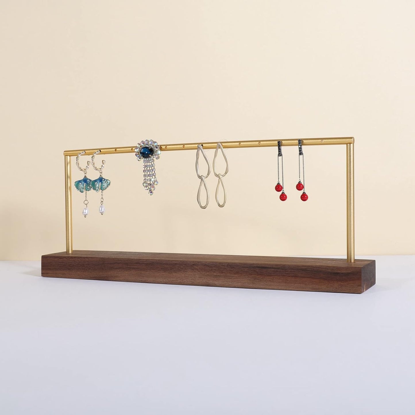 GemeShou wooden earring holder organizer for girls, walnut stud earring display stand for boutique store, jewelry storage organizer shelf【Walnut stand-One Tier】