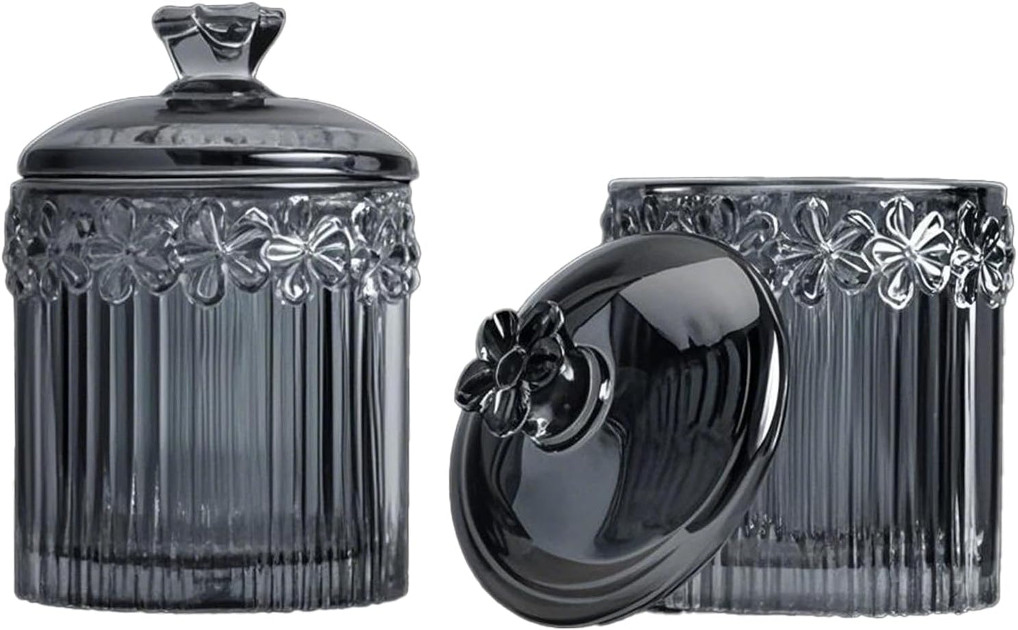 Qtip Cotton Ball Hair Ties Candy Holder Makeup Storage Bathroom Accessories Organizer Thick Glass Apothecary Jars with Lid, 2pcs (Grey)