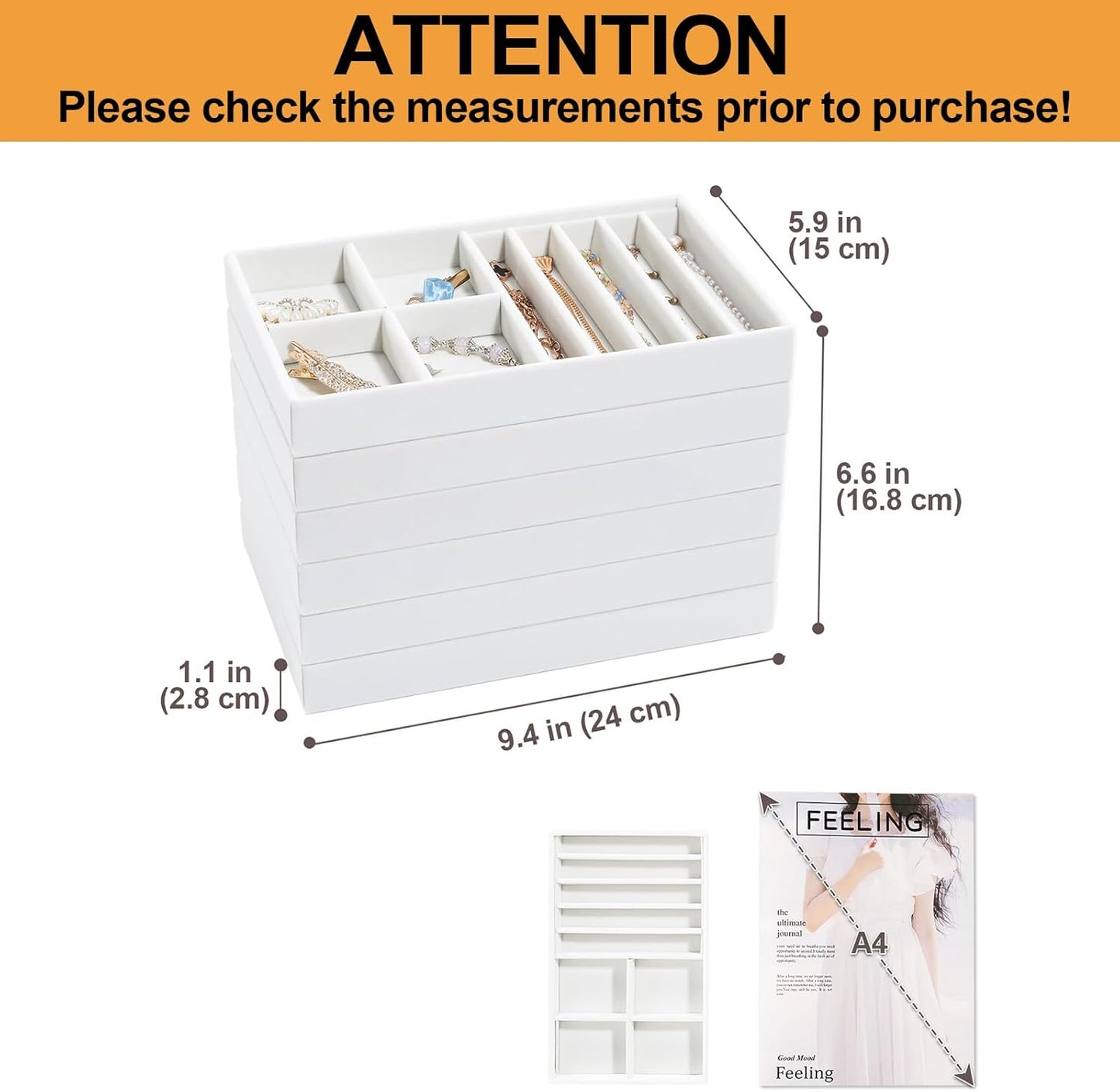 ProCase Stackable Jewelry Organizer Trays for Drawers, Jewelry Drawer Inserts Container Display Case Storage for Earring Necklace Rings Bracelet with Removable Dividers -Warmwhite, 6 Layers