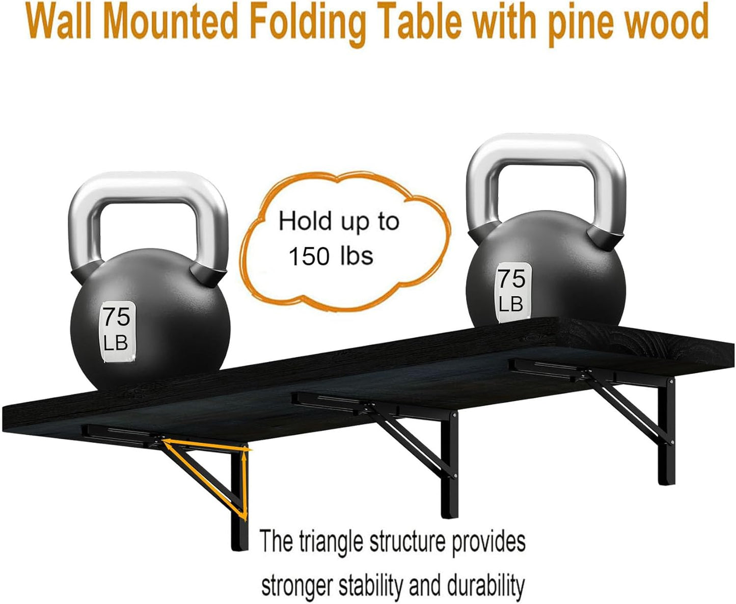 IAE Wall Mounted Folding Table with Pine Wood,48" x 16" Floating Wall Desk,Laundry Folding Table with Shelf Brackets,Fold Down Desk Shelf,Folding Workbench for Home,Dining,Laundry Room,Kitchen