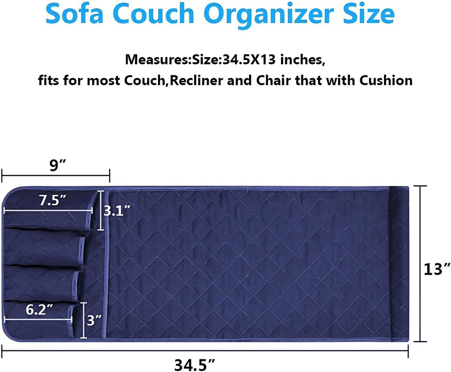 Sofa Armrest Organizer Non-Slip Arm Chair Bedside Caddy Storage Organizer for Recliner Couch with 5 Pockets for Cell Phone TV Remote Control Magazines (BLUE)