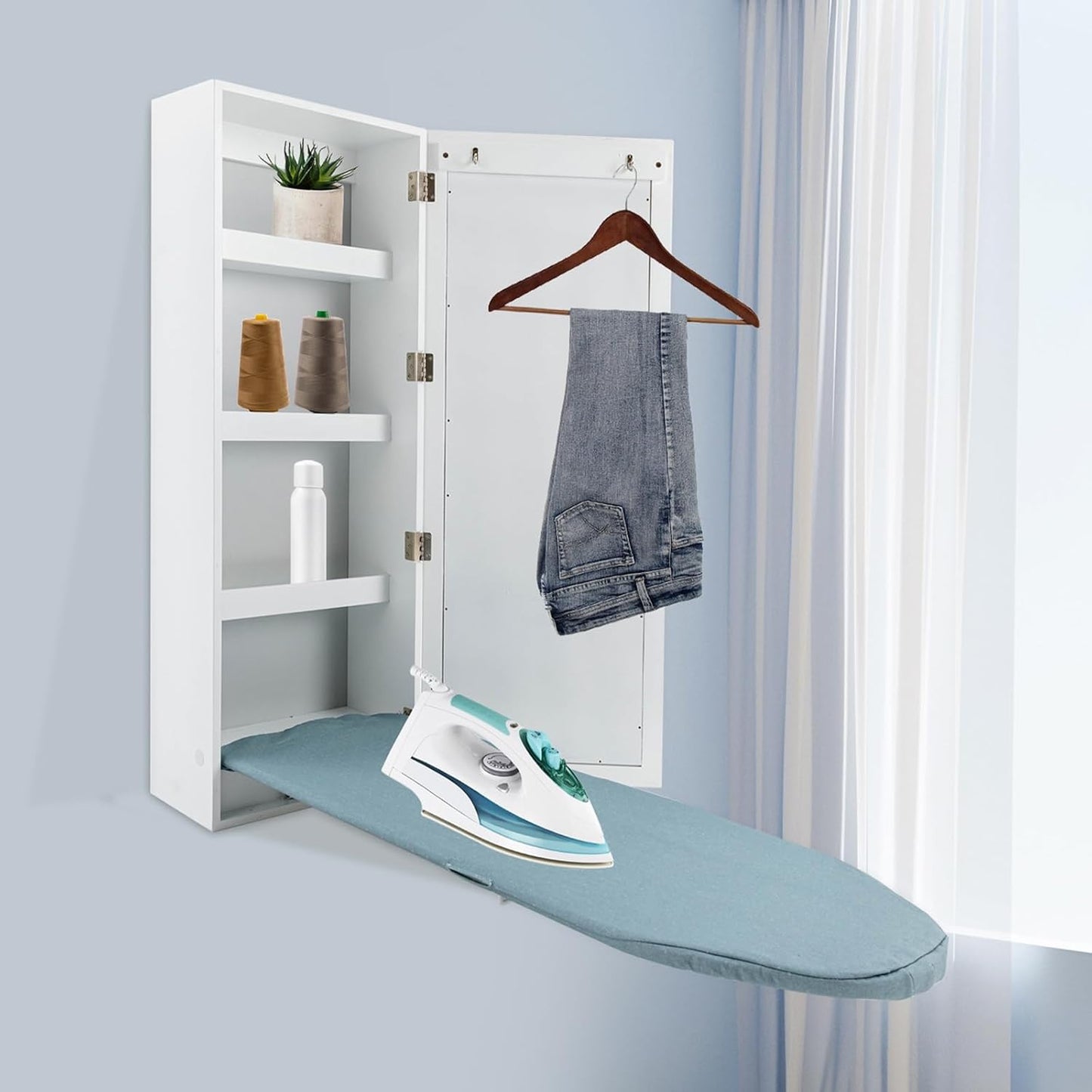 Wall Mounted Ironing Board Cabinet, Built-in Foldable Ironing Board, Wall Ironing Boards with Mirror and 2 Hooks for Home, Apartment & Small Spaces