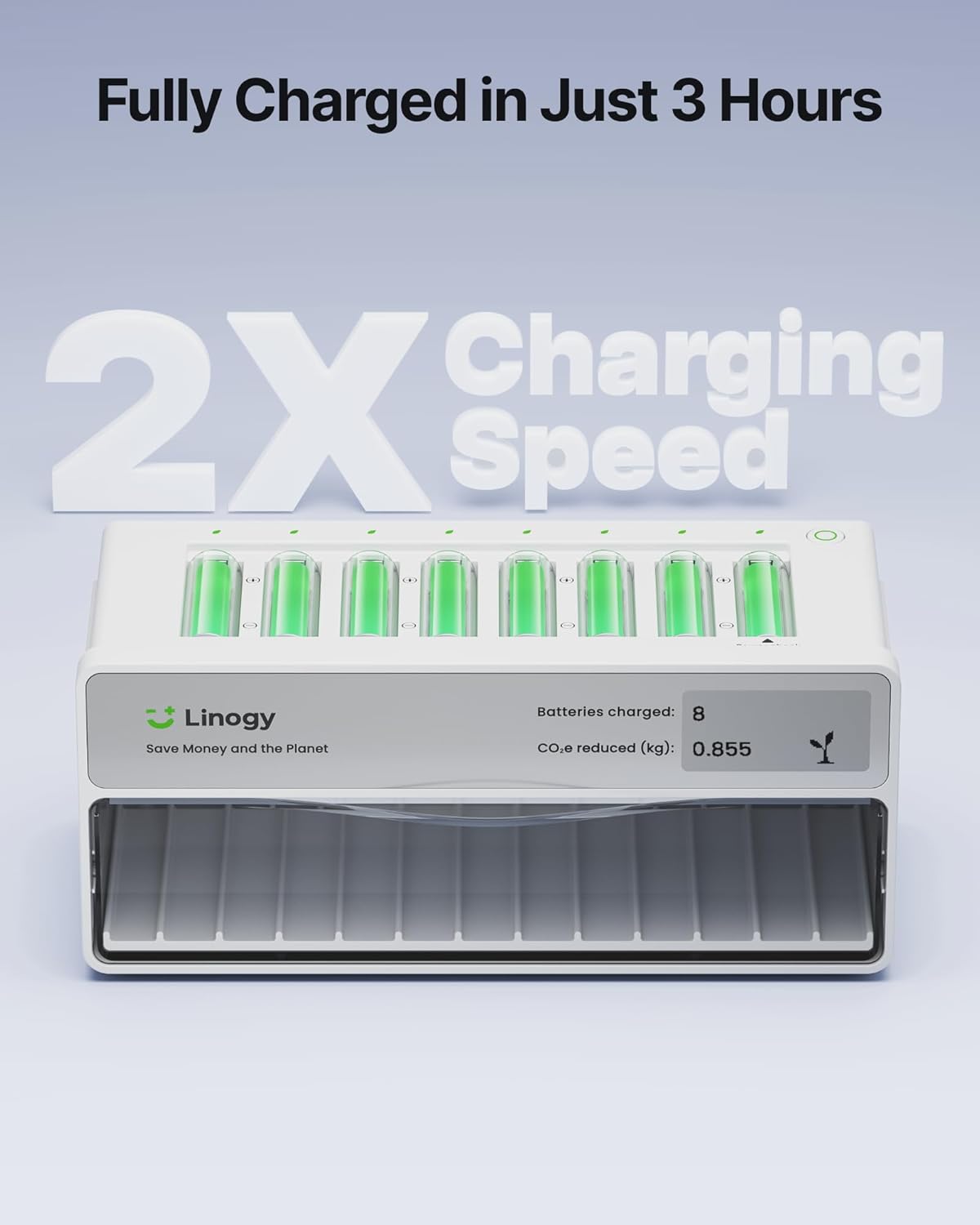8-Slot Battery Charger Only, for AA AAA Lithium NiMH NiCd, Auto-Drop Rechargeable Battery Station with E-Ink, Storage, 3h Fast Charging, Bad Batteries Detection