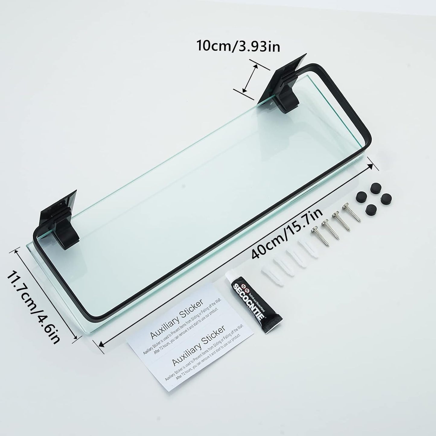 AIJALY 3 Pack Bathroom Glass Shelf,Aluminum Tempered Glass 0.34in Extra Thick Rectangular 1 Tier Storage Organizer Wall Mount,Black 15.7in