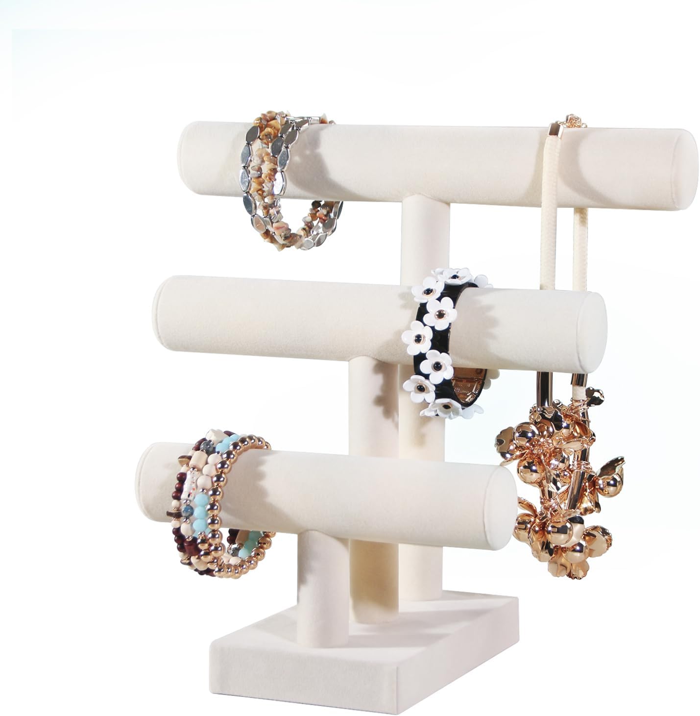 T-Bar Bracelet Holder Stand, Bracelet Jewelry Organizer Stand, Bangle Bracelet Watch Display for Selling, Scrunchie Hair Ties Jewelry Storage Rack for Women (3 tier beige)