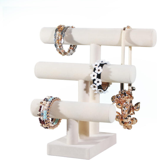 T-Bar Bracelet Holder Stand, Bracelet Jewelry Organizer Stand, Bangle Bracelet Watch Display for Selling, Scrunchie Hair Ties Jewelry Storage Rack for Women (3 tier beige)