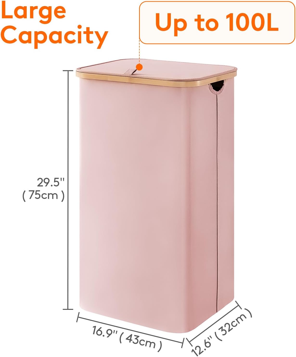 Lifewit 100L Laundry Basket with Lid, Clothes Hampers for Laundry with Bamboo Handles and A Removable Laundry Bag, Large Foldable Hamper for Bedroom, Bathroom, Dorm, Laundry Room, Pink