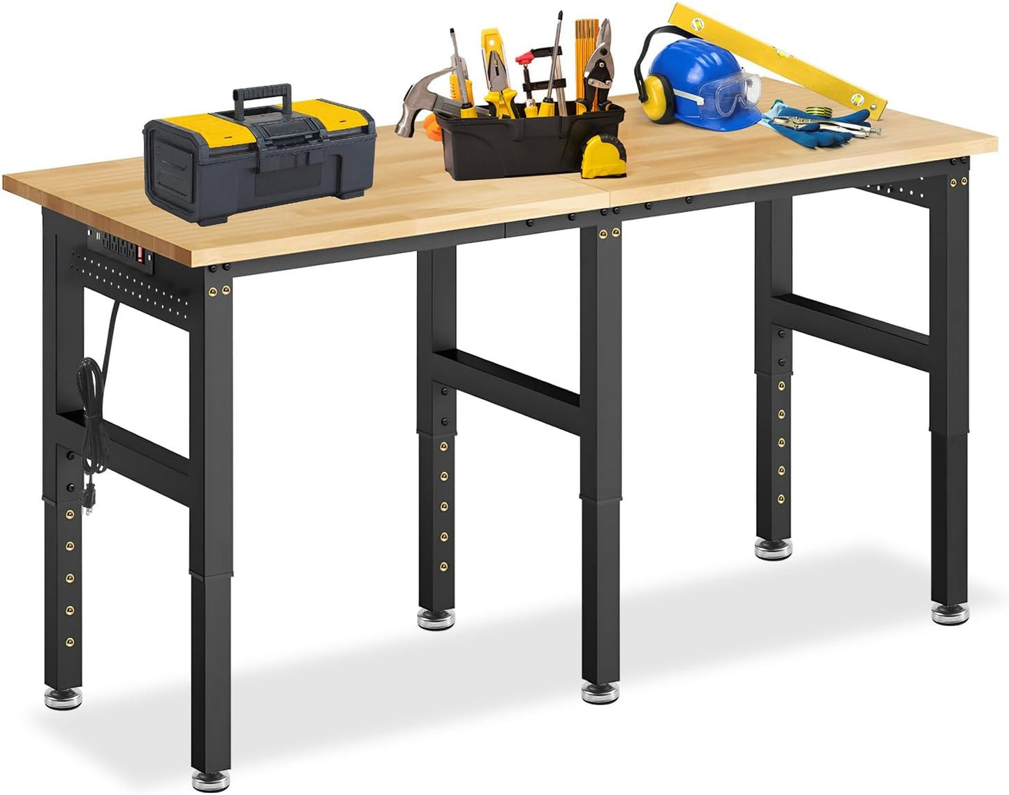 72” Heavy Duty Workbench, 5000 LBS Capacity Adjustable Work Bench with Pegboard and Power Outlet, Rubber Wood Work Table for Garage, Office, Workshop, Home
