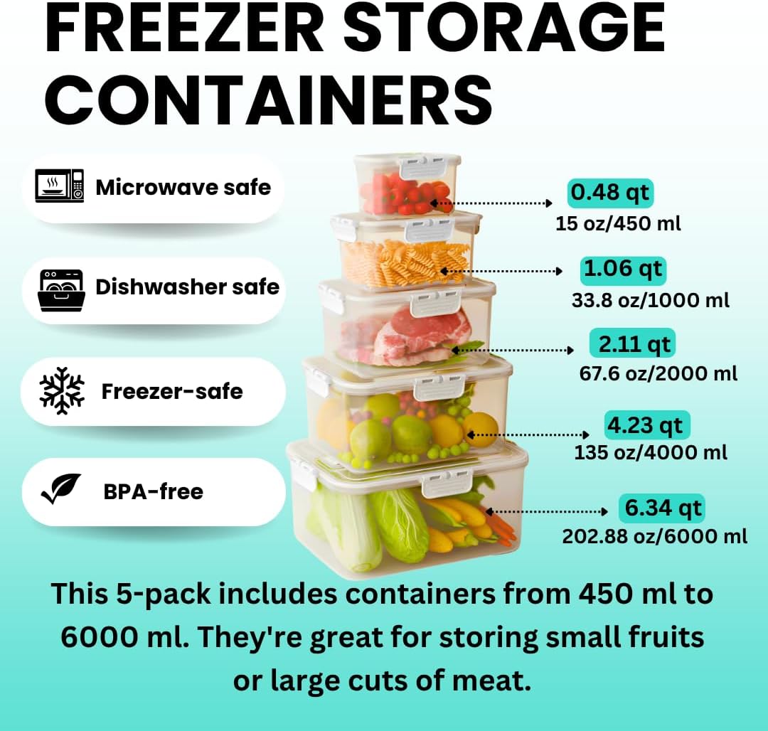 5-Pack Fruit Containers for Fridge Keep Fresh – Airtight Food Containers with Lids, Produce Saver with Removable Colander, Fridge Organizers, Microwave & Dishwasher Safe (White)