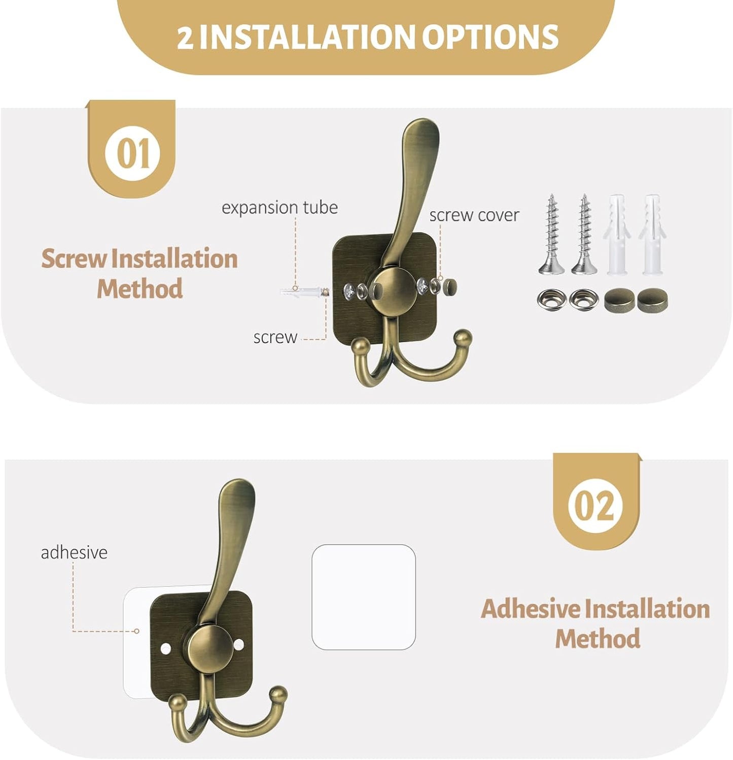 VIS'V 3 Prong Coat Hooks Wall Mount, Metal Self Adhesive Entryway Wall Hooks, 2 Mount Options, Bronze, 4 Pcs