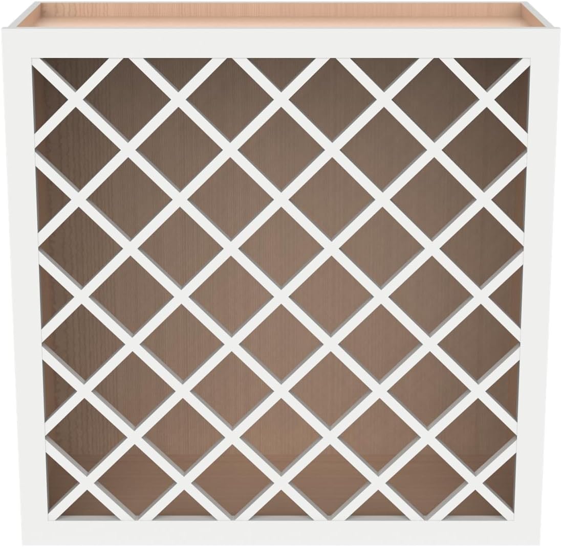 Solid Wood RTA Wine Bottle Rack Wall Cabinet with Lattice Panels - Bottle Holder Storage for Bar, Pantry, or Wine Cellar - Mocha finish Countertop Solution (Origami White, 24”W × 12”D × 30”H)