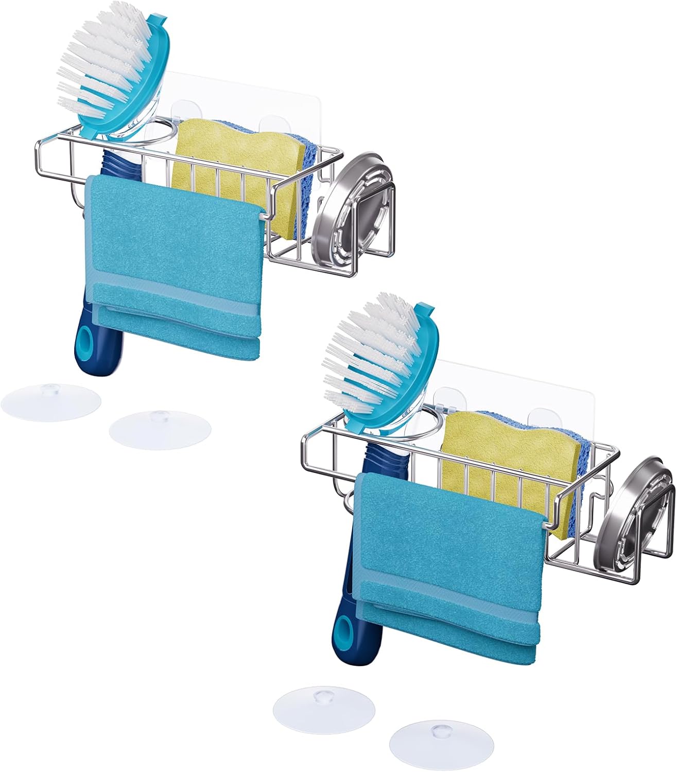HapiRm Sink Caddy Sponge Holder - No Drill Sponge Caddy for Kitchen, Rustproof and Waterproof Kitchen Sink Organizer - Silver（2-Pack）
