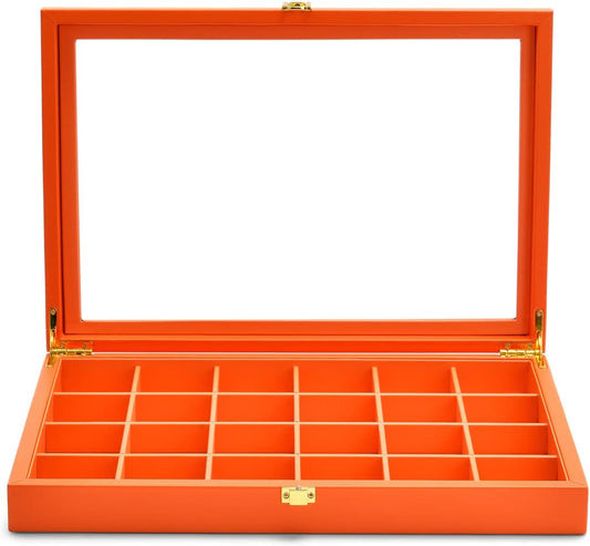 Oirlv 24 Grid Premium Leather Jewelry Organizer Tray with Transparent Lid Jewelry Display Case Drawer Insert Rings Earrings Holder