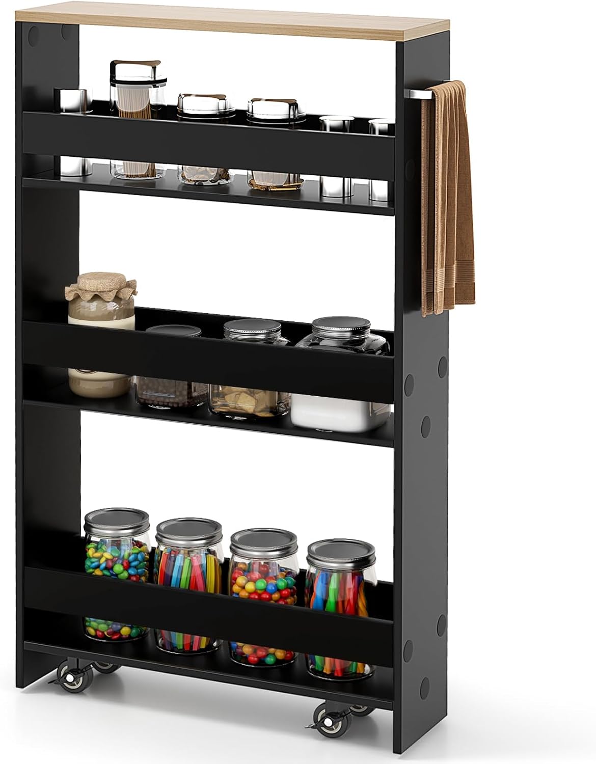 Slim Rolling Storage Cart, 4 Tier Narrow Kitchen Cart with Wheels, Between Washer and Dryer Cart, Wood Shelving Unit Organizer w/Handle for Small Spaces (Black, 5-Inch)