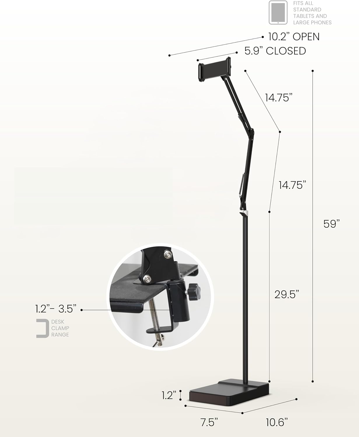 2-in-1 Tablet Floor Stand with tablet stand for desk – Stable 8lb Base with Stretchable Arm for Bed, Couch, or Desk Compatible with iPads, Galaxy Tabs, Surface Pro, Phones & E-Readers (4.7"–12.9")