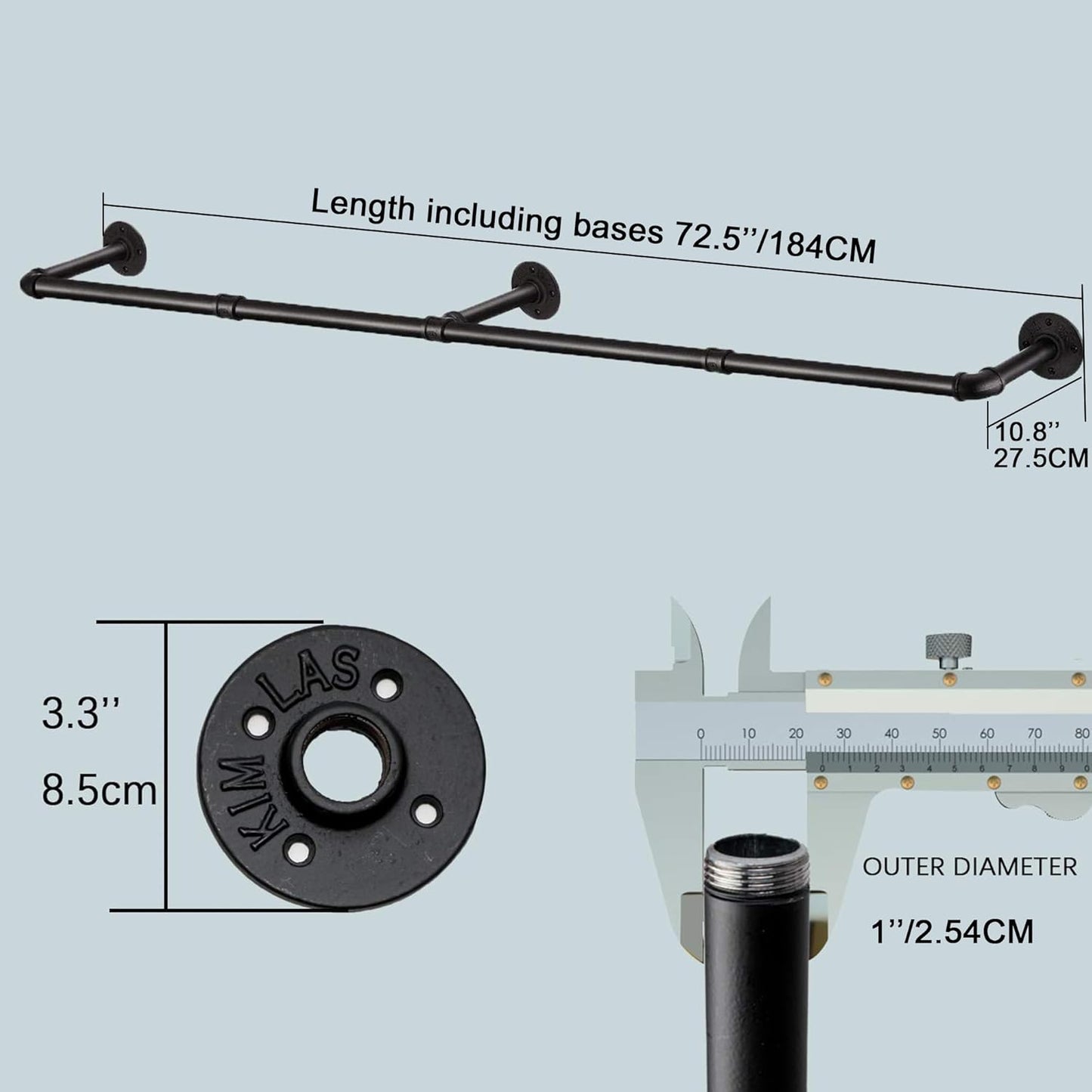 Industrial Pipe Clothes Rack with 3 Hooks, 72’'L Wall Mounted Garment Rack, Heavy Duty Iron Garment Bar, Clothes Hanging Rod Bar for Laundry Room, Max Load 135Lb Black (3 Base)