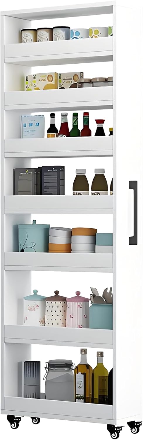 7-Tier Slim Storage Cart, Wooden Rolling Pantry Cabinet with Wheels, Narrow Shelf Organizer for Kitchen, Bakers Rack, Dining Room, Closet, Small Spaces Warm White 73.2''H*7.8''W*19.6''D