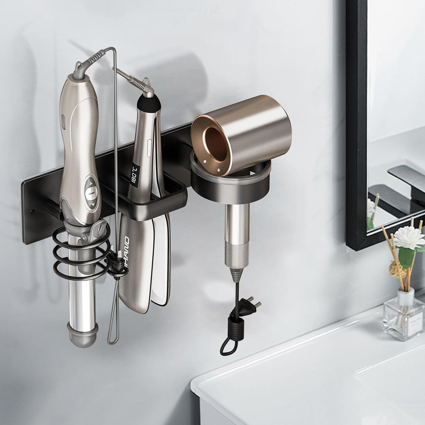 Hair Dryer Holder Wall Mounted,Blow Dryer, Curling Iron, Straightener Holder 3 in 1 Bathroom Metal Hair Tool Organizer Rack-BLACK-1