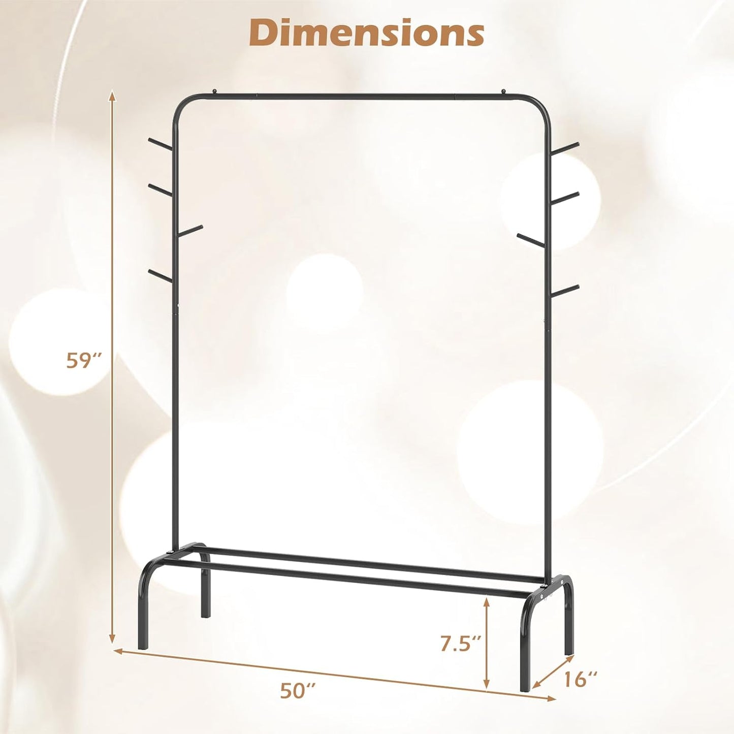 Giantex Clothes Rack for Hanging, 50" Wide Freestanding Garment Rack with Hanging Rod, 8 Hooks & Storage Shelf, Heavy-duty Metal Clothing Racks Wardrobe Organizer for Bedroom, Entryway, Laundry