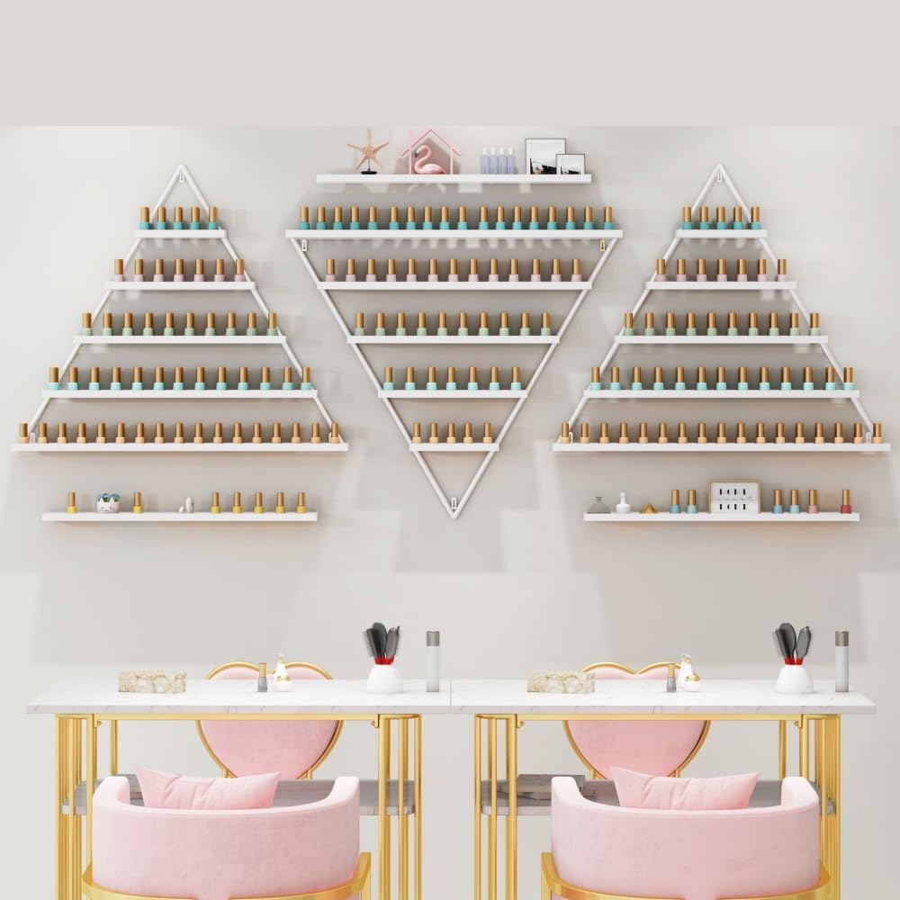Elegant Gold Wall Mounted Nail Polish Rack - Set of 6 Triangular Cosmetic Display Shelves for Essential Oil Bottles, Organize Your Lipsticks and Perfumes in Style at Home or Salon (White)
