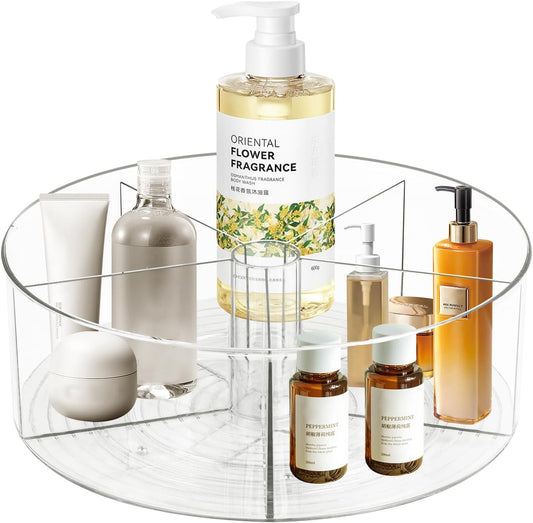360° Rotating Makeup Organizer 11.5" Clear Turntable Lazy Susan Organizer for Vanity, Bathroom Counter, Pantry, Cabinet, Spinning Cosmetic Storage Holder with 5 Dividers for Skincare, Makeup Brushes