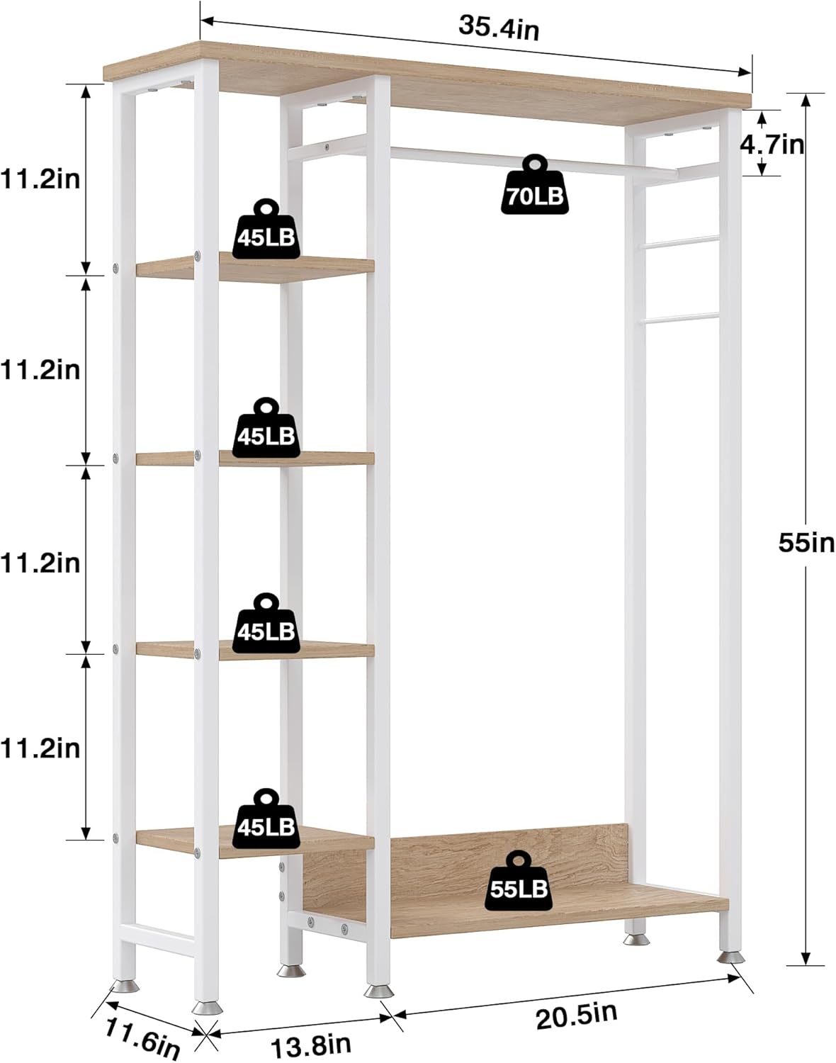 VECELO Open Garment Clothing Rack, Free-Standing Heavy Duty Storage Closet with 5 Shelves and Hanging Rod for Small Spaces, Max Load 350LBS, White Oak