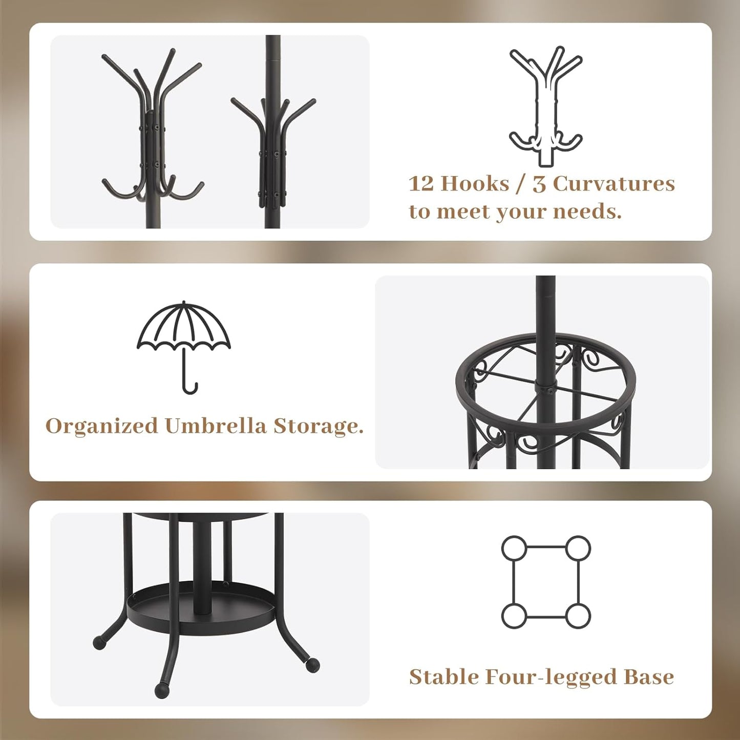 Coat Rack Freestanding with Umbrella Holder – Metal Hanger Stand, Hall Tree with 12 Hooks, Entryway Organizer for Hats, Bags, and Clothes (Black)