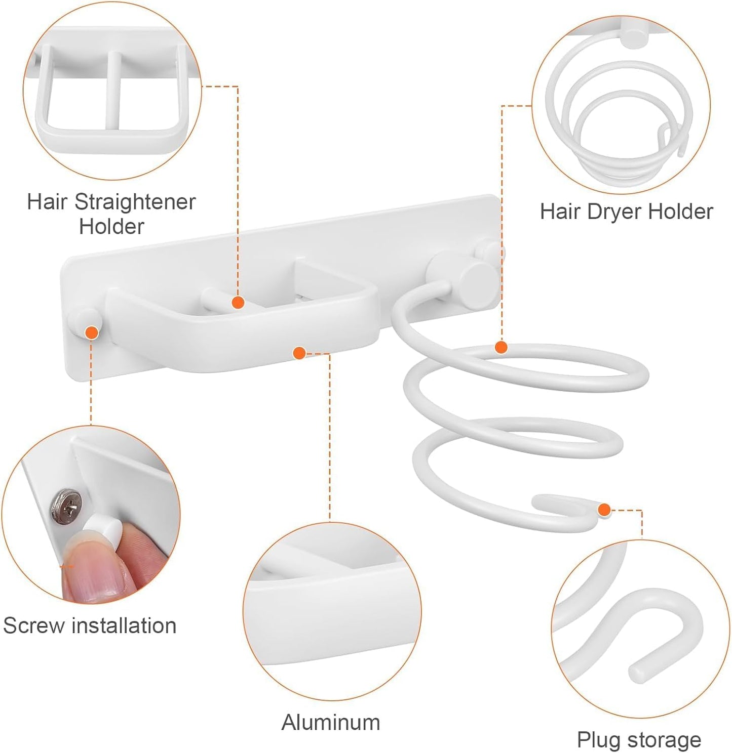 YUET Hair Dryer Holder Hairdryer Straightener Station Wall Mounted Metal Spiral Shelf Bracket Stand Hanger Organizer Blow Storage With Cable Tidy Rack For Dressing Table Bathroom Professional (White)