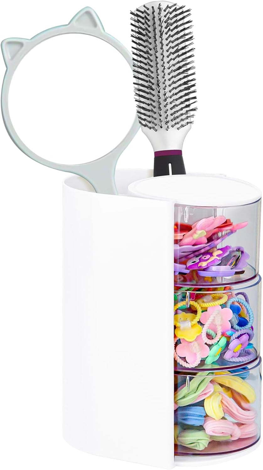 Hair Accessories Organizer with Hair Brush Holder, Rotatable Makeup Brush and Jewelry Storage Box for Hair Clips, Earrings, Necklaces, Bracelets, Rings, and Daily Accessories (White, 3-Layer)