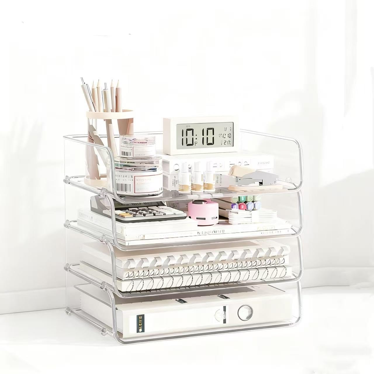 4-Tier Transparent Desktop Organizer with Stackable A4 Document Trays,Ideal for Organizing Desk Accessories,Sticky Notes,and Pens