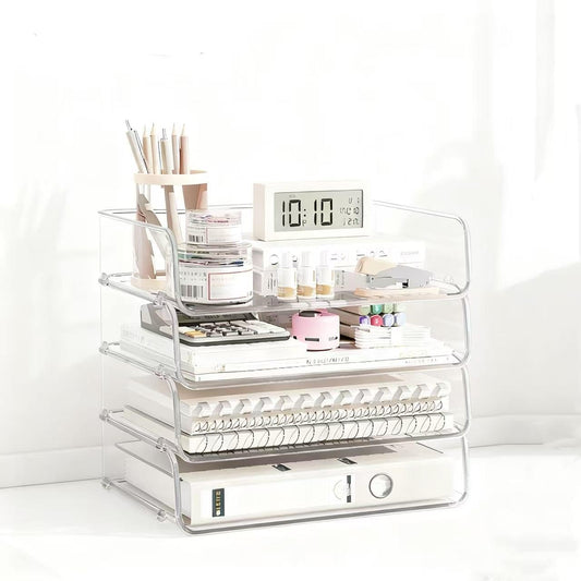 4-Tier Transparent Desktop Organizer with Stackable A4 Document Trays,Ideal for Organizing Desk Accessories,Sticky Notes,and Pens