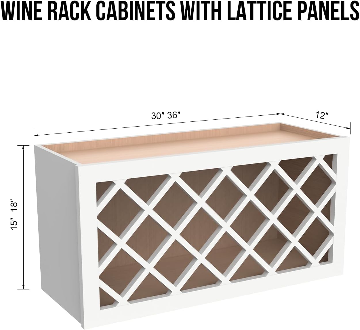 Solid Wood RTA Wine Bottle Rack Wall Cabinet with Lattice Panels - Wine Storage for Bar, Pantry, Cellar - Mocha (Origami White, 30'W 12'D 15'H)