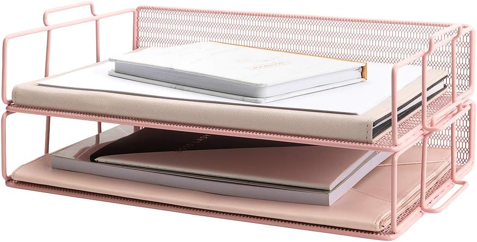BLU MONACO Pink Mesh Paper Tray – Set of 2 Stackable Letter Trays – Durable Metal Desk Organizer for Home, Office & School – Stylish Document Holder, File Storage, and Workspace Organizer
