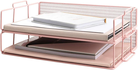 BLU MONACO Pink Mesh Paper Tray – Set of 2 Stackable Letter Trays – Durable Metal Desk Organizer for Home, Office & School – Stylish Document Holder, File Storage, and Workspace Organizer