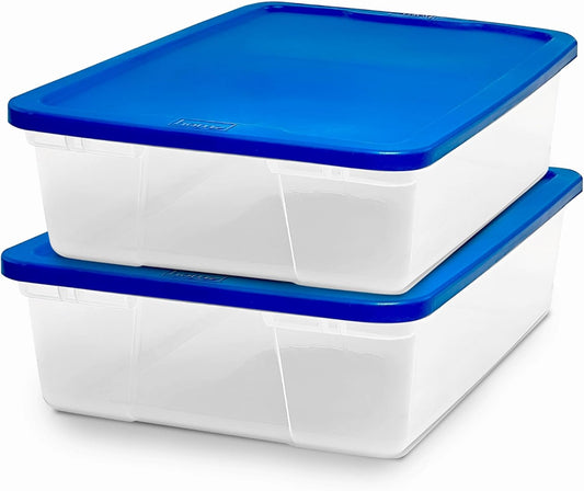HOMZ 2-Pack Snaplock, Small Clear Plastic Storage Organizer Bins with Lids, 28 Quart, Blue - Stackable Container Boxes for Bedroom, Bathroom, Garage, and Office Organization