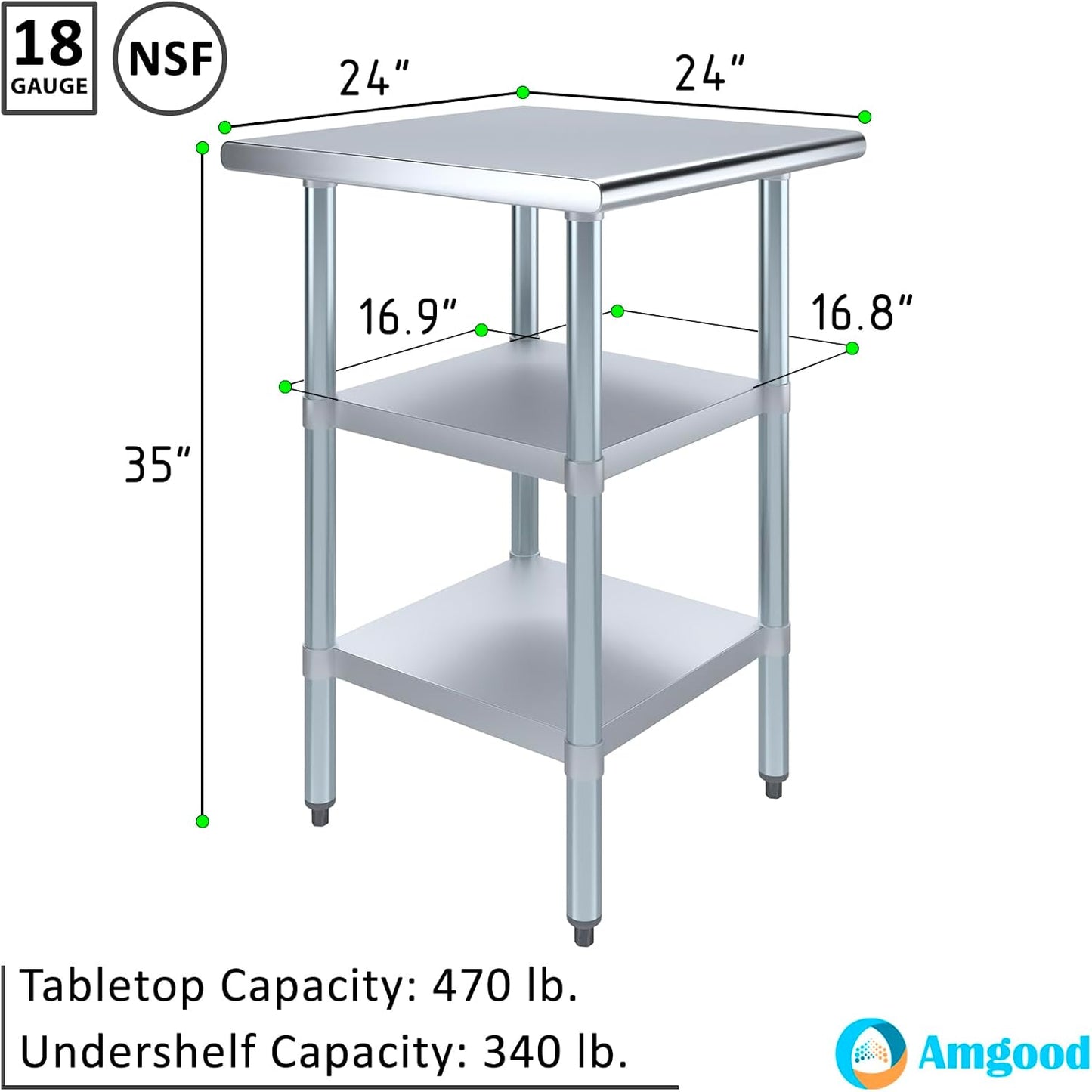 AmGood Stainless Steel Work Table with 2 Shelves | NSF | Metal Utility Table (24" Long x 24" Deep)