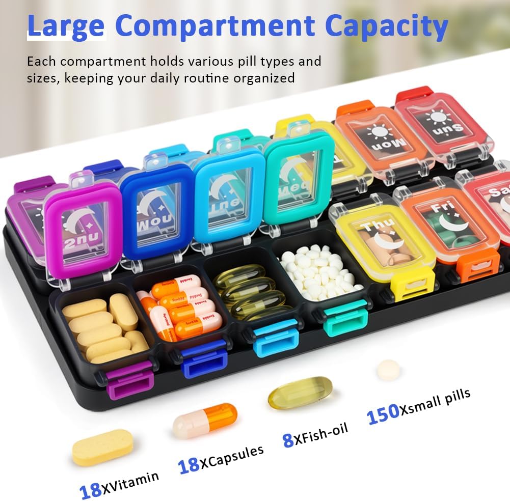Shintop Weekly Pill Organizer 2 Times a Day, Moisture-Proof Large Vitamin Box 7 Day Secure-Locking Medicine Case with Detachable Rows for Home & Travel (Rainbow)