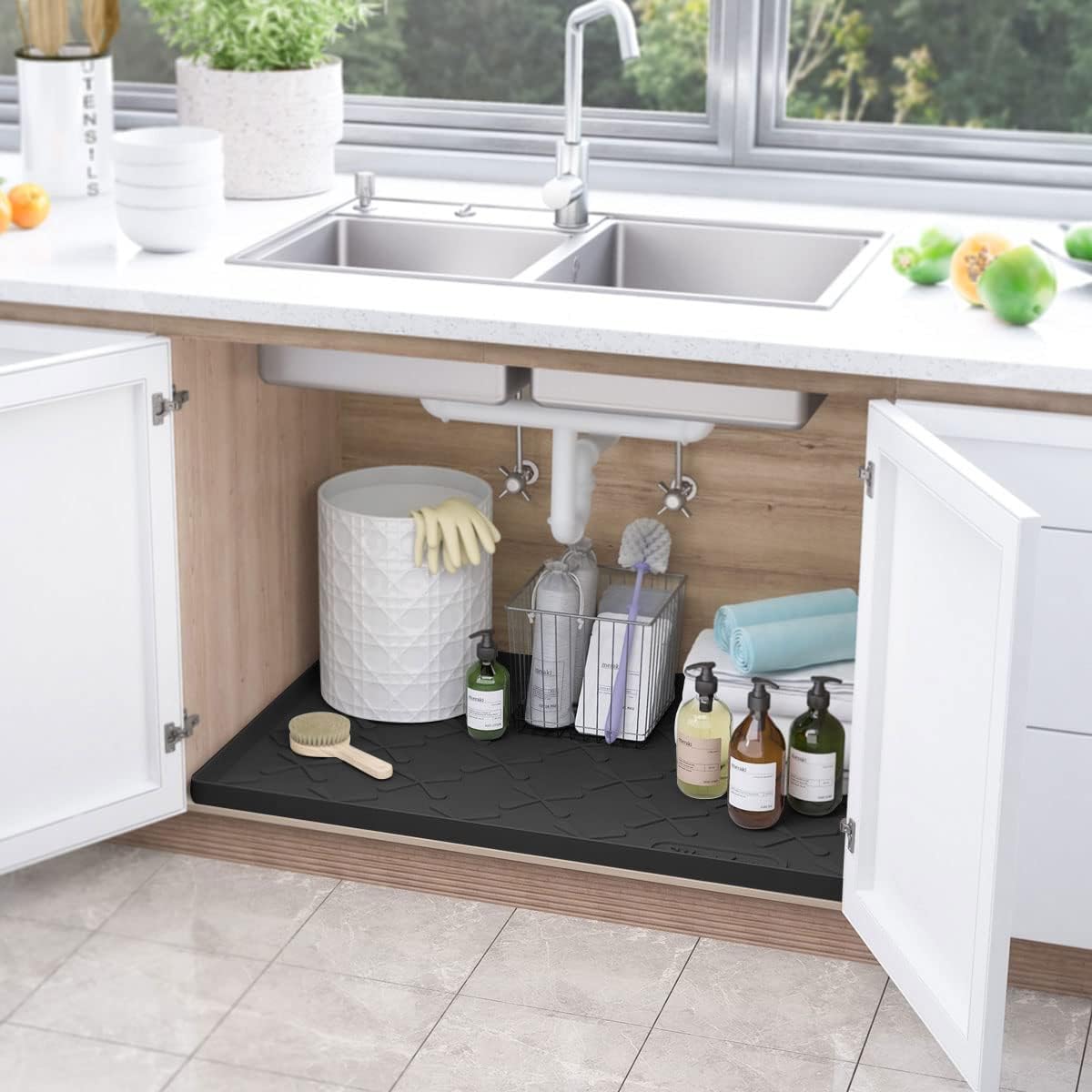 SIKADEER 19" x 19" Under Sink Mat Waterproof, Silicone Mat Kitchen Drawer Shelf and Cabinet Liner, Sink Protector for Kitchen Organizers and Storage, Boot Tray Pet Food Mats