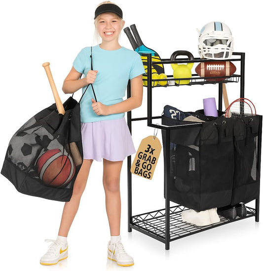 KASSELL Garage Sports Organizer Storage rack for sports equipment Ball, Heavy Duty Toy and Gear Storage Organizer with Grab and go bags (Black)