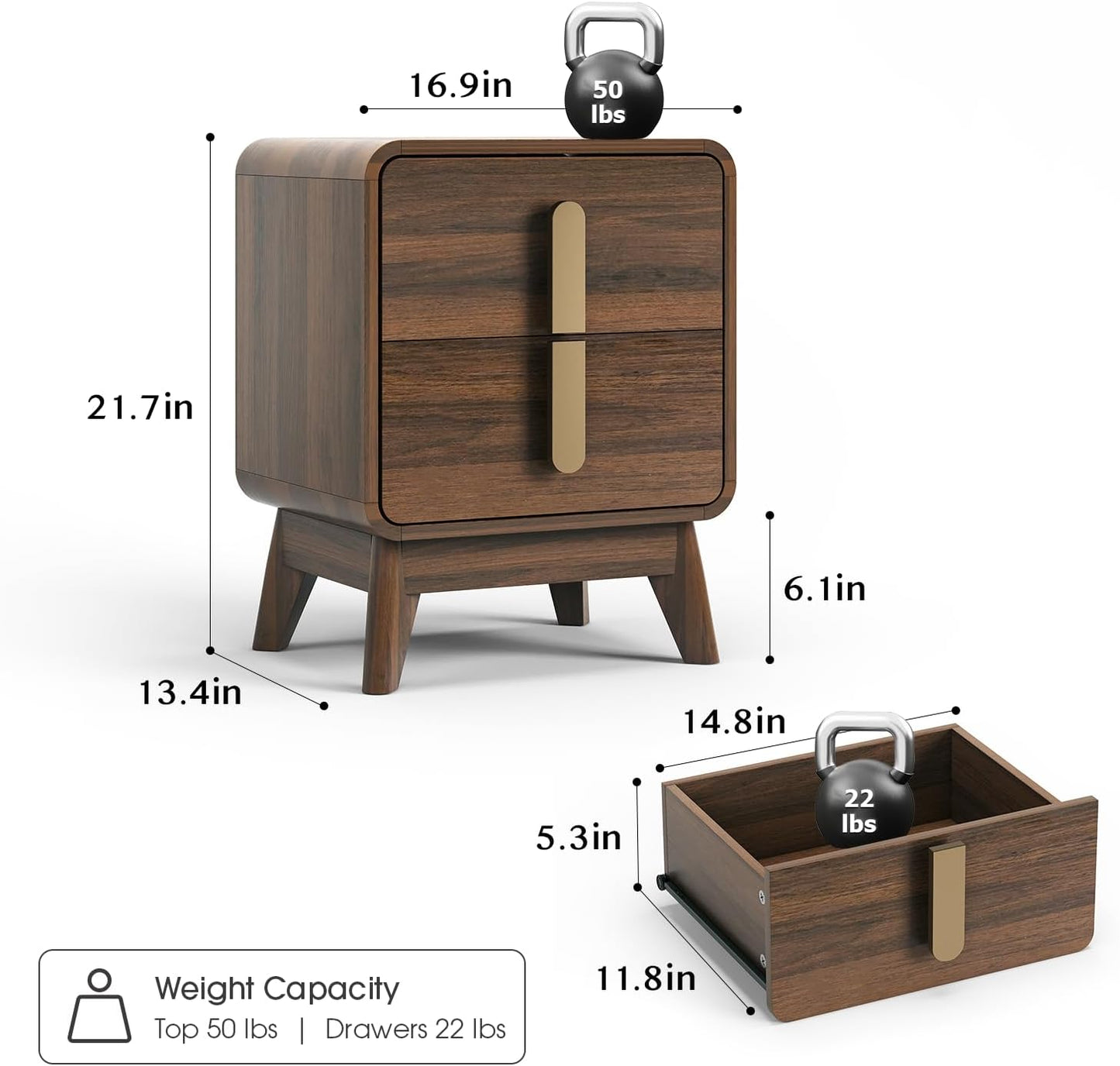 Nightstands Set of 2, Mid Century Modern Nightstand with Drawers, Bedside Tables with Solid Wood Legs, End Side Tables for Bedroom, Small Space,Walnut