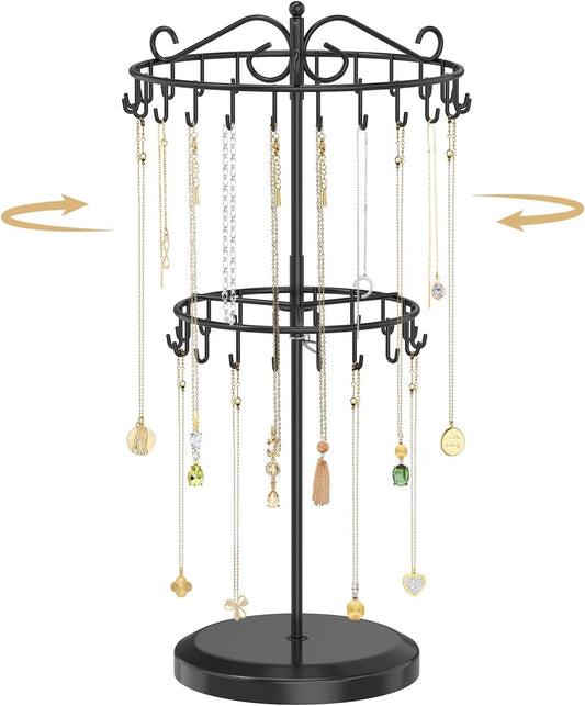 MODOWEY Rotating Necklace Holder Organizer Display Stand with 42 Hooks, 2 Tier Adjustable Metal Tree for Long Necklace Hanger Selling, Tall Spinning Bracelet Storage Rack for Men Women, Black