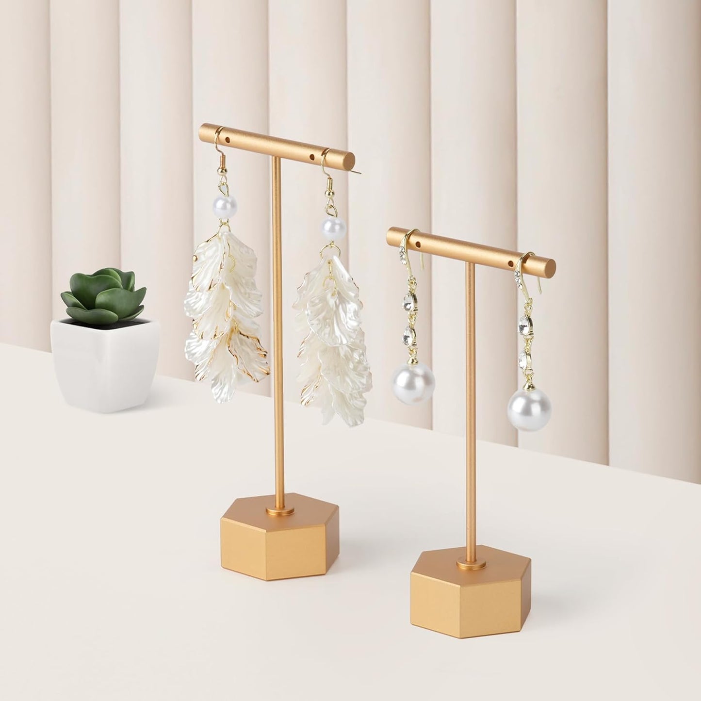 Metal Earring Stand Display Hexagon Base Earring T Bar Display Necklace Bracelet Ring Ear Studs Jewelry Display Rack for Vendors Photography and Showcase, Gold 2pcs Height 5.31" and 4.52"